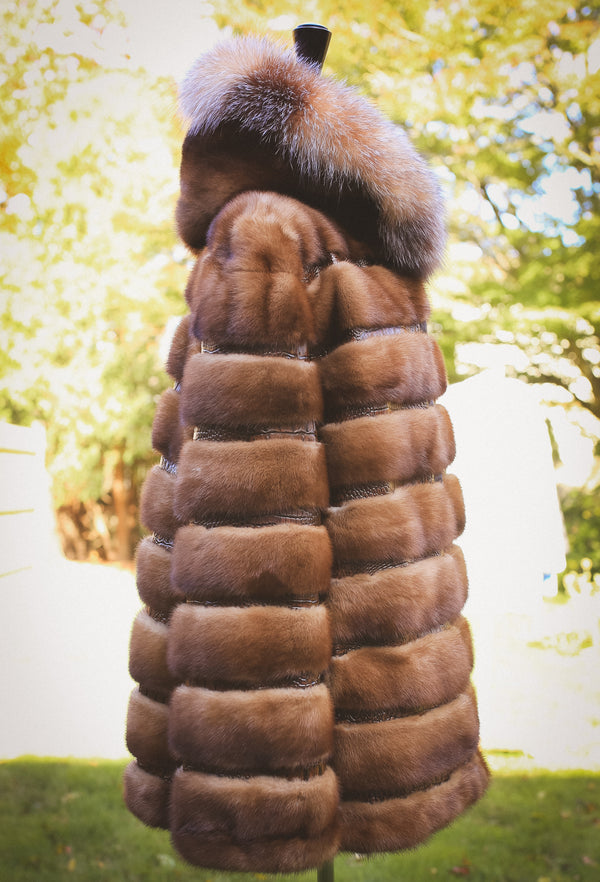 Demi Buff Mink Jacket with Fox Trim and Fur Hood - Brown