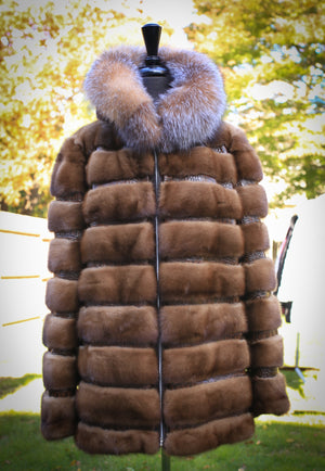 Demi Buff Mink Jacket with Fox Trim and Fur Hood - Brown