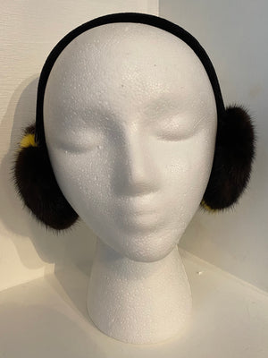 Brown with Yellow Stripe Mink Earmuffs with Velvet Band