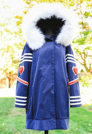 Parker Jacket with Lamb Trim and Fox Hood - Blue/White/Ivory