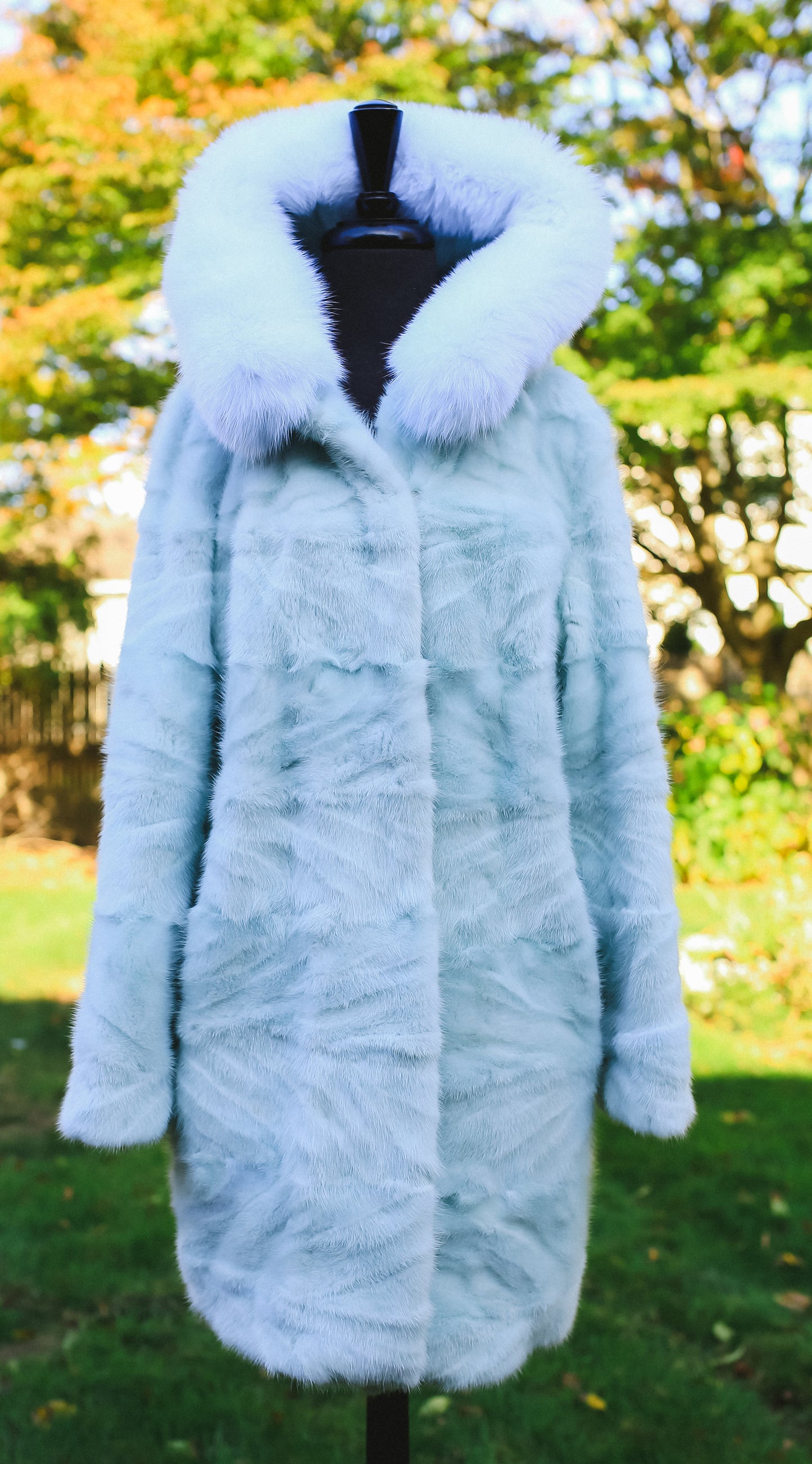 Sheared Mink Sculptured Stroller with Double Fur Hood and Fox Trim