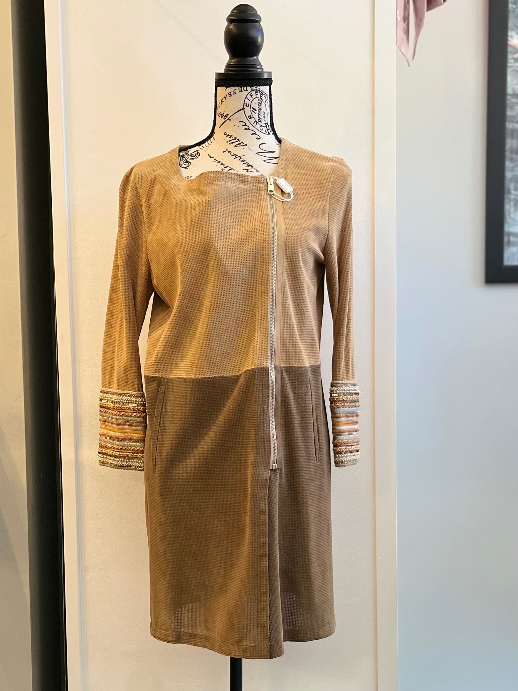 Legging Dress/Top Brushed Goatskin Leather Cross Over Zipper - Beaad Work on Crop Sleeve Legging Dress/Top Brushed Goatskin Leather Cross Over Zipper - Beaad Work on Crop Sleeve