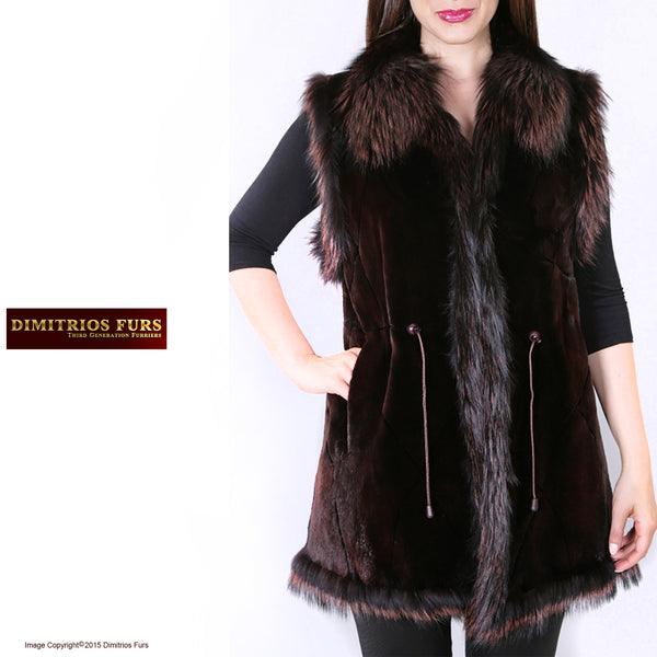 Brown Sheared Beaver Vest with Fox Trim