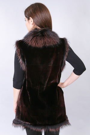 Brown Sheared Beaver Vest with Fox Trim