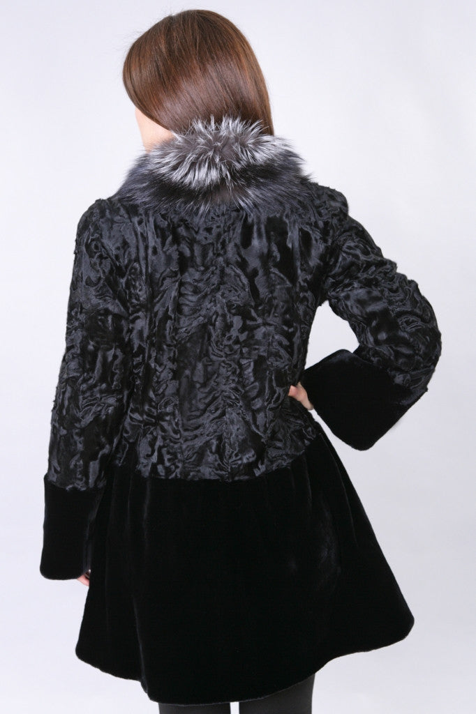 Black Swakara and Sheared Beaver Stroller with Silver Fox Collar