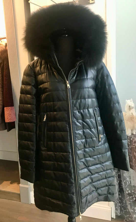 GOOSE FEATHER DOWN LEATHER STROLLER - ZIPPER - FOX TRIM HOOD