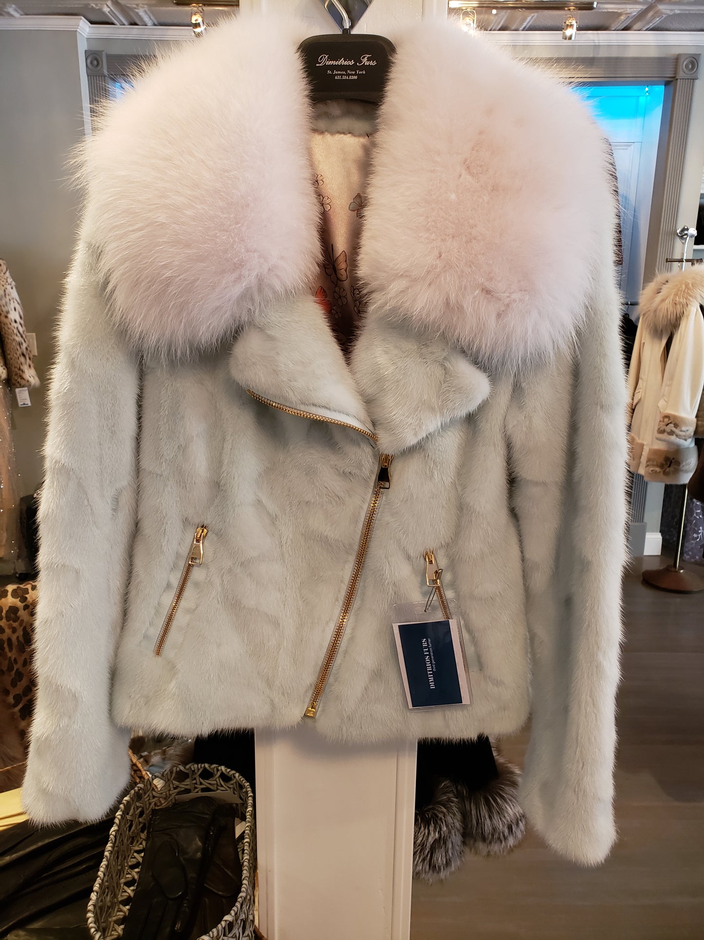 Mink sky blue motor cycle jacket