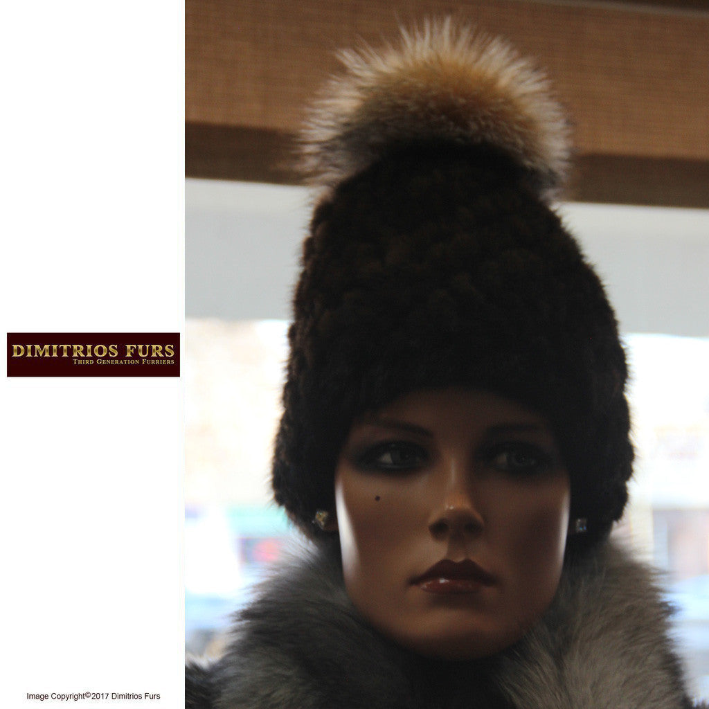 Mahogany Mink Knitted Hat with Fox Pom Pom