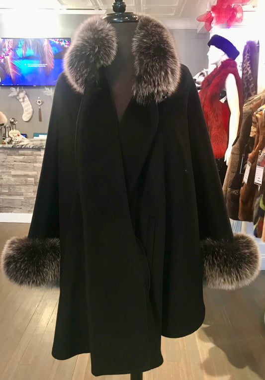 CASHMERE ANGORA WOOL BLEND CAPE FOX TRIM