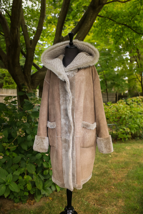 Astrakhan Lamb Coat w/ Toscana Long Hair Trim Hood - Reversible