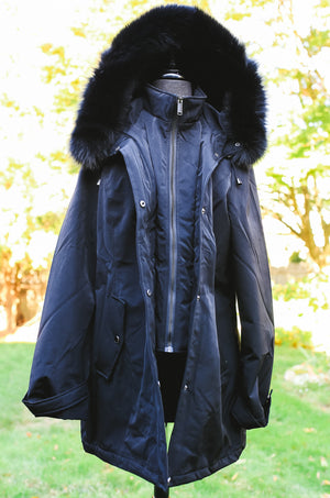 Black Fox Trim Light Weight Canvas Jacket with Hood