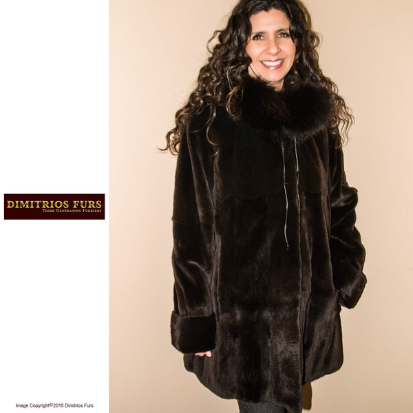 Reversible Fur Coat - Brown Sheared Mink with Fox Trimmed Hood