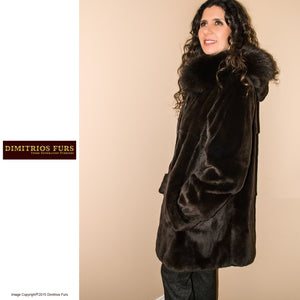 Reversible Fur Coat - Brown Sheared Mink with Fox Trimmed Hood