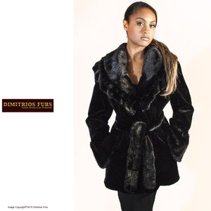 Black Sheared Mink Jacket with Unsheared Collar and Cuffs