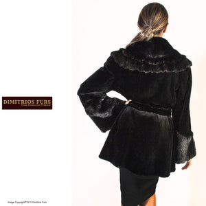 Black Sheared Mink Jacket with Unsheared Collar and Cuffs