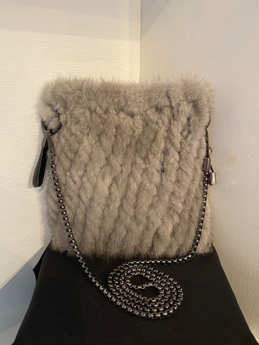 Gray Knit Mink Fur Pouch