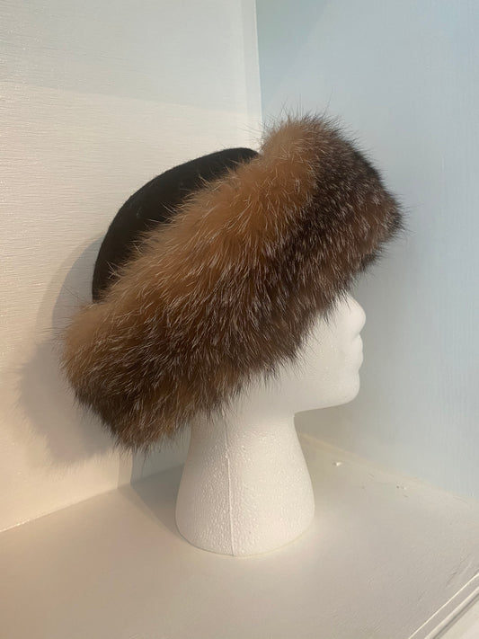 Black Wool Felt Hat Trimmed with Brown Fox