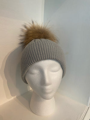 Gray Wool Knit Hat with Pompom