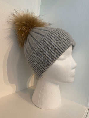 Gray Wool Knit Hat with Pompom