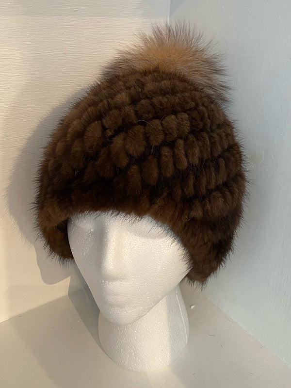 Brown Mink Knit Hat with Pompom