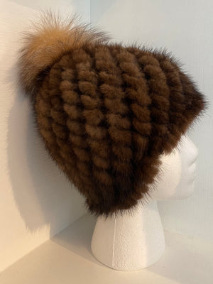 Brown Mink Knit Hat with Pompom