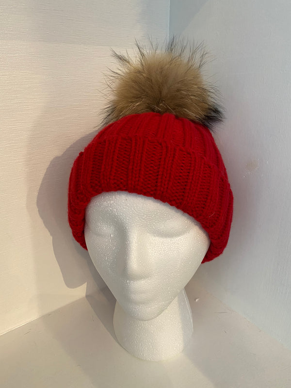 Red Wool Knit Hat with Pompom