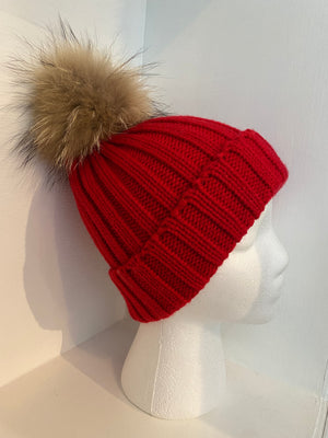 Red Wool Knit Hat with Pompom