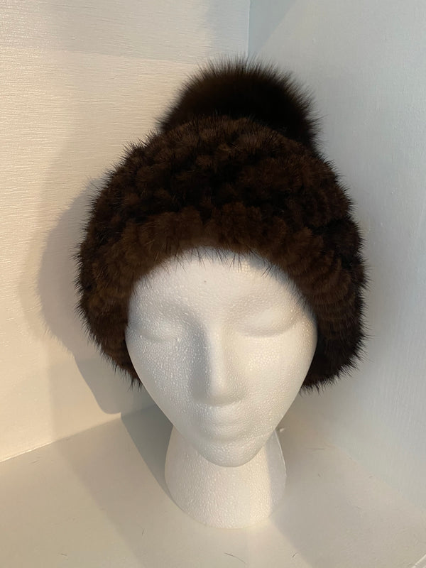 Dark Brown Mink Knit Hat with Pompom