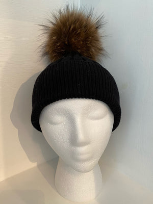 Black Wool Knit Hat with Pompom