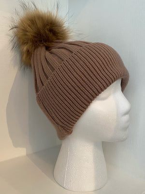 Brown Wool Knit Hat with Pompom