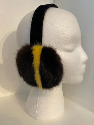 Brown with Yellow Stripe Mink Earmuffs with Velvet Band