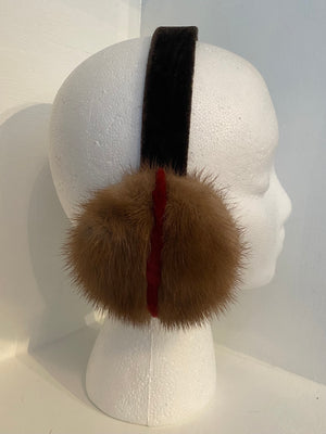 Light Brown with Red Stripe Mink Earmuffs with Black Velvet Band