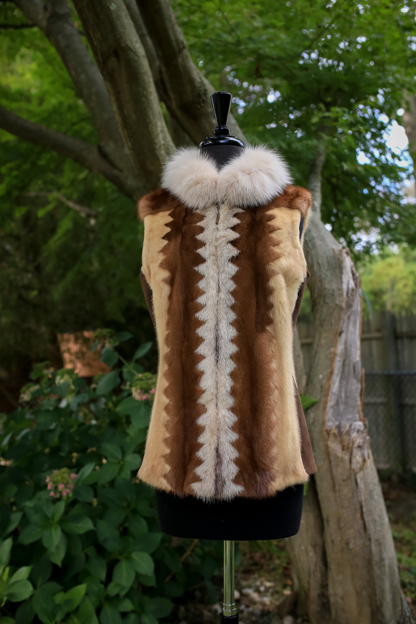 Multi Mink Herringbone Vest w/ Fox Collar