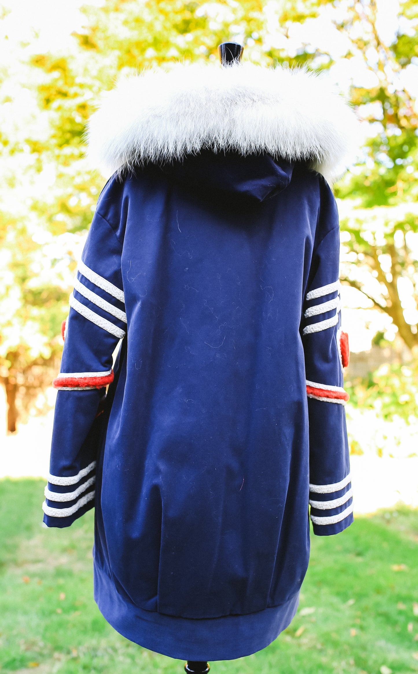 Parker Jacket with Lamb Trim and Fox Hood - Blue/White/Ivory