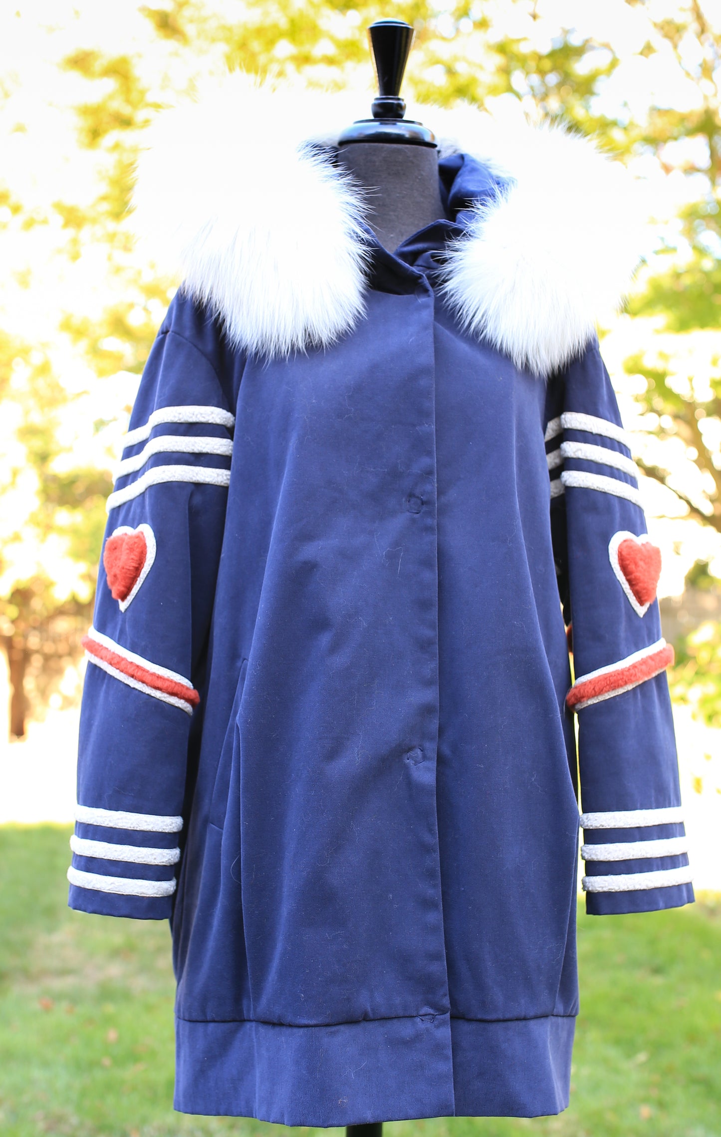 Parker Jacket with Lamb Trim and Fox Hood - Blue/White/Ivory