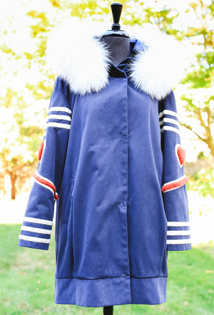 Parker Jacket with Lamb Trim and Fox Hood - Blue/White/Ivory