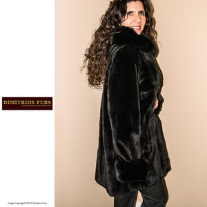 Reversible Fur Coat - Black Sheared Mink with Fox Trimmed Hood