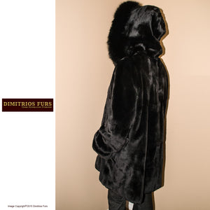 Reversible Fur Coat - Black Sheared Mink with Fox Trimmed Hood