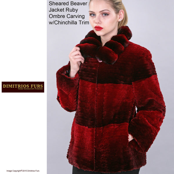 Custom Fur - Ruby Red Sheared Beaver Jacket with Chinchilla Trim